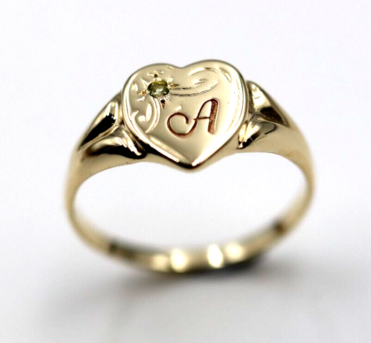 Genuine 9ct 9k 375 Yellow Gold Green Peridot (August Birthstone) Signet Ring + Engraving