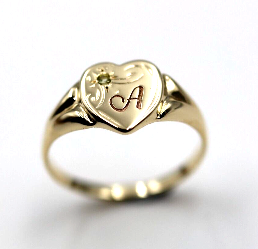 Genuine 9ct 9k 375 Yellow Gold Green Peridot (August Birthstone) Signet Ring + Engraving