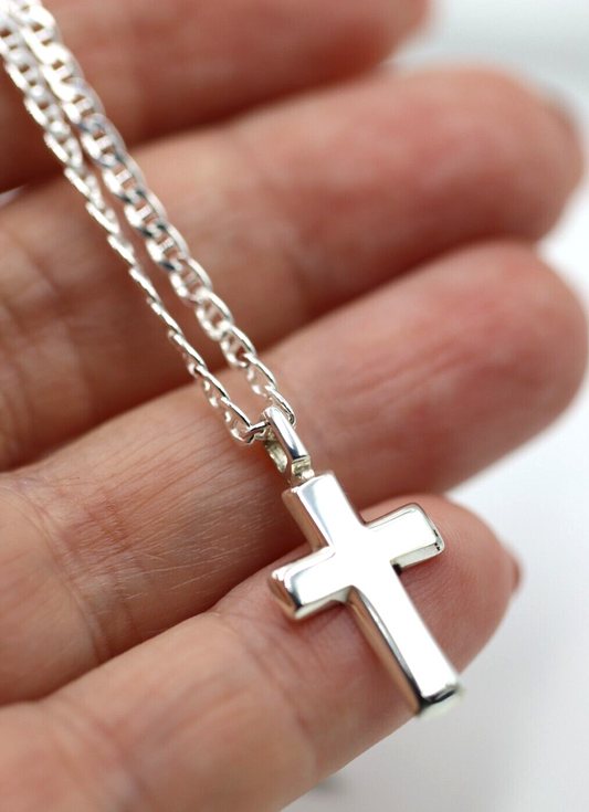 Sterling Silver 925 Small Cross Pendant + 45cm, 50cm or 55cm Anchor Necklace