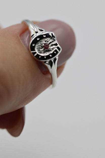 Sterling Silver 925 Small Lucky Horse Shoe Horseshoe Ring Set with Ruby