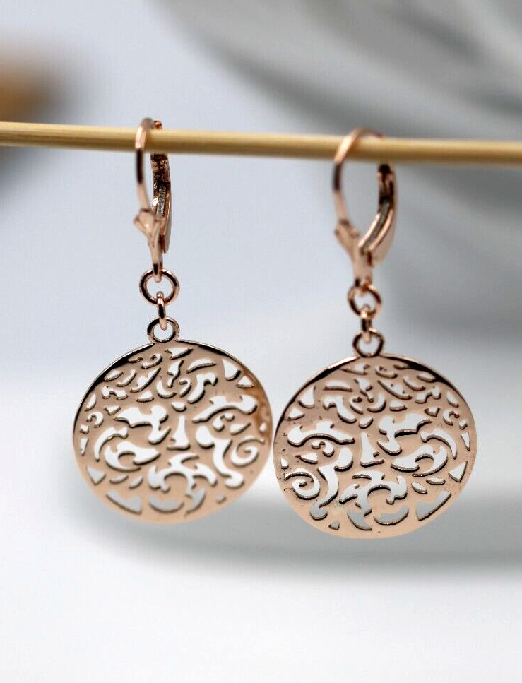 Genuine 9ct Yellow, Rose Or White Gold Antique Filigree Drop Earrings Continental hooks