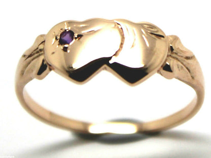 Genuine 9ct 9k 375 Rose Gold Double Heart Yellow Purple Amethyst February Birthstone Signet Ring In your size