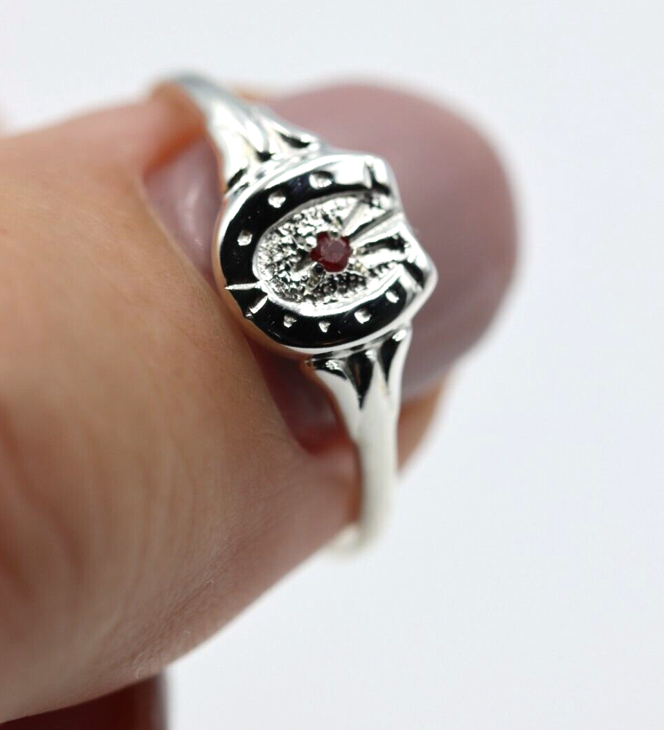 Sterling Silver 925 Small Lucky Horse Shoe Horseshoe Ring Set with Ruby