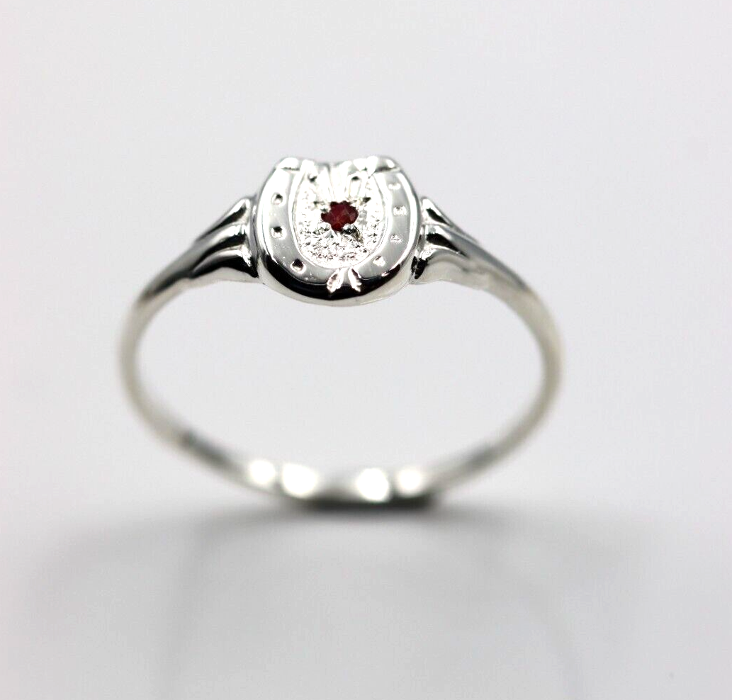 Sterling Silver 925 Small Lucky Horse Shoe Horseshoe Ring Set with Ruby