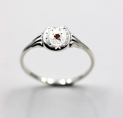 Sterling Silver 925 Small Lucky Horse Shoe Horseshoe Ring Set with Ruby