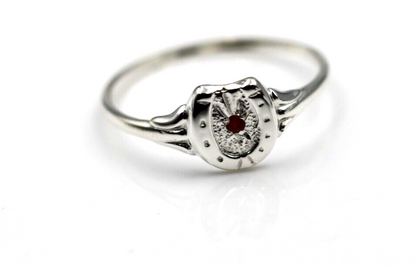 Sterling Silver 925 Small Lucky Horse Shoe Horseshoe Ring Set with Ruby