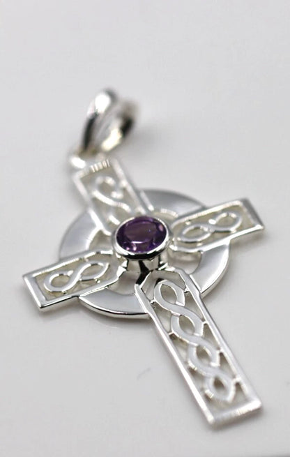 Sterling Silver 925 Large Amethyst Celtic Cross Pendant