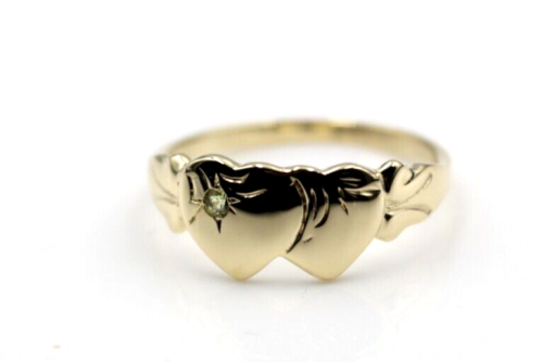 Genuine 9ct 9k 375 Yellow Gold Double Heart Yellow Green Peridot August Birthstone Signet Ring In your size