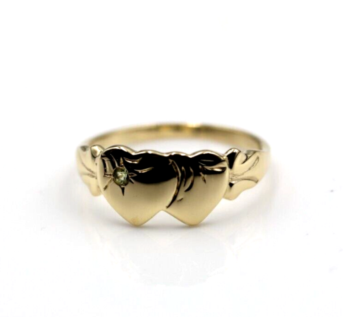 Genuine 9ct 9k 375 Yellow Gold Double Heart Yellow Green Peridot August Birthstone Signet Ring In your size