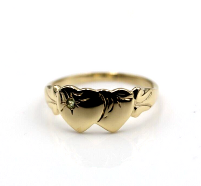 Genuine 9ct 9k 375 Yellow Gold Double Heart Yellow Green Peridot August Birthstone Signet Ring In your size