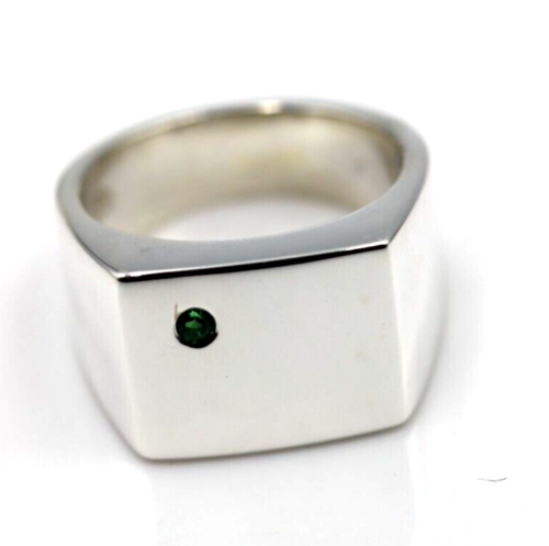 Size P 1/2 Mens Genuine Emerald Set Sterling Silver Rectangle Signet Ring