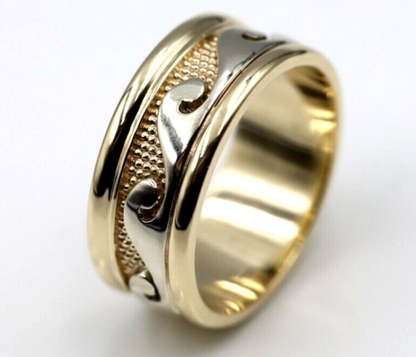 Solid Genuine 9ct 9kt Yellow And White Gold Mens Surf Wave Ring - Choose your ring size
