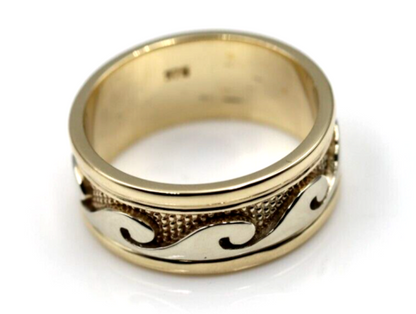 Solid Genuine 9ct 9kt Yellow And White Gold Mens Surf Wave Ring - Choose your ring size