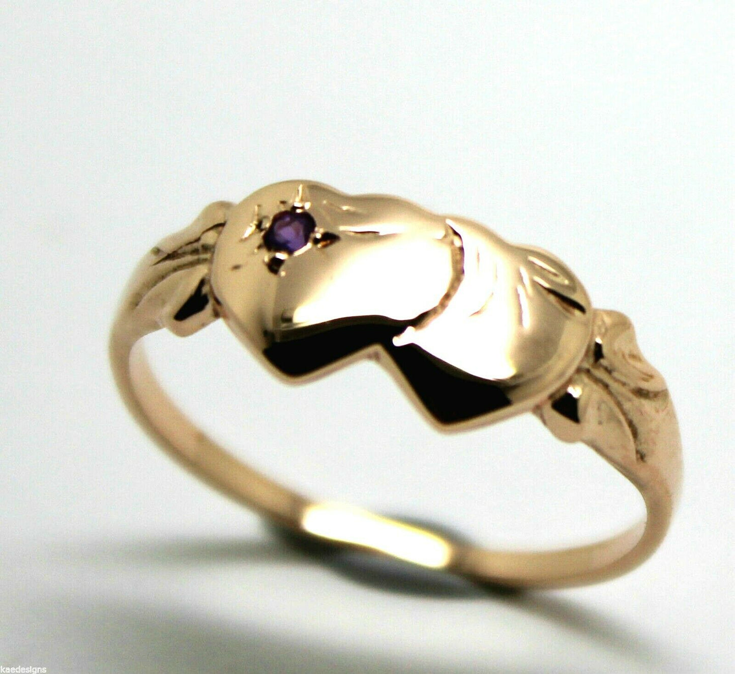 Genuine 9ct 9k 375 Rose Gold Double Heart Yellow Purple Amethyst February Birthstone Signet Ring In your size