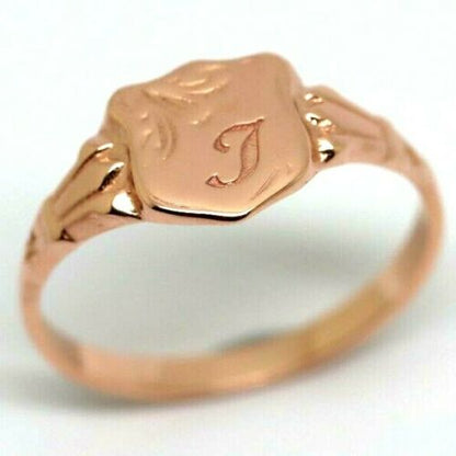 Genuine 9ct 9kt Yellow, Rose or White Gold Shield Signet Ring + Engraving of one initial