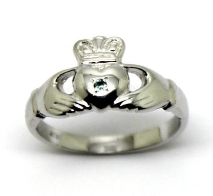 Genuine 9ct 9k 375 White Gold Blue Topaz (Birthstone Of November) Claddagh Ring