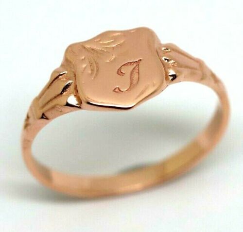Genuine 9ct 9kt Yellow, Rose or White Gold Shield Signet Ring + Engraving of one initial