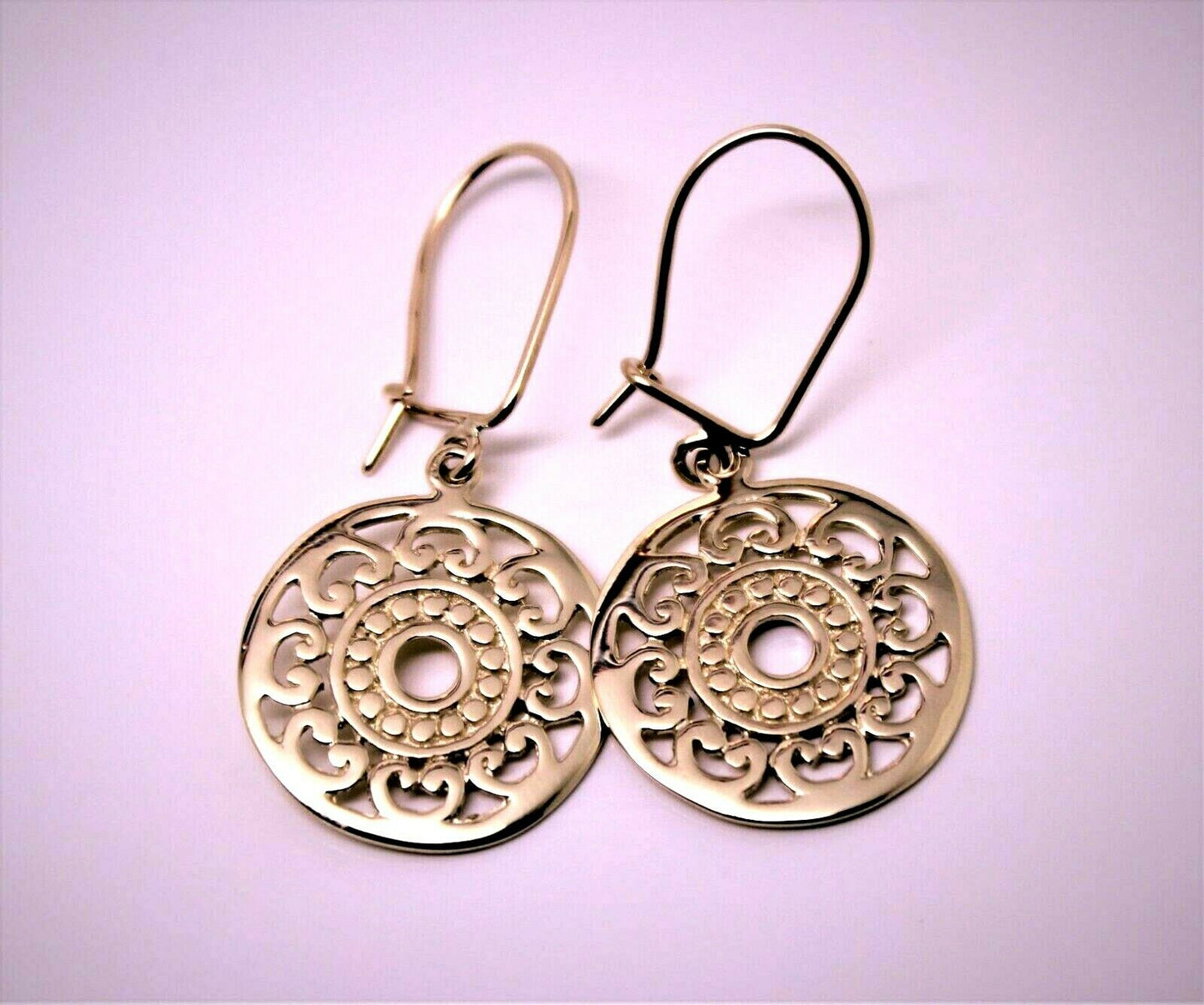 Genuine 9ct Yellow, Rose Or White Gold Flat Filigree Drop Round Closed Hooks Earrings