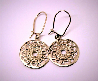 Genuine 9ct Yellow, Rose Or White Gold Flat Filigree Drop Round Closed Hooks Earrings
