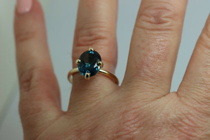 Genuine 9ct Yellow, Rose or White Gold London Blue Topaz Oval Ring