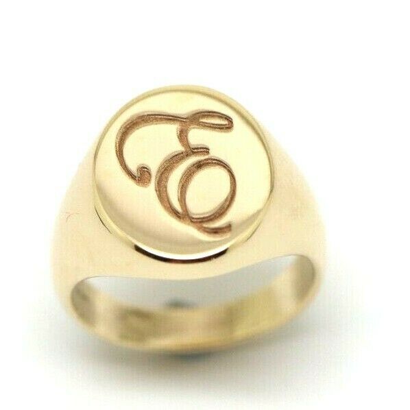Solid Heavy New 9ct Yellow, Rose or White Gold Oval Signet Ring Size F +Engraved with letter E