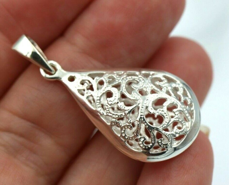 Genuine Sterling Silver 925 Large Teardrop Filigree Pendant