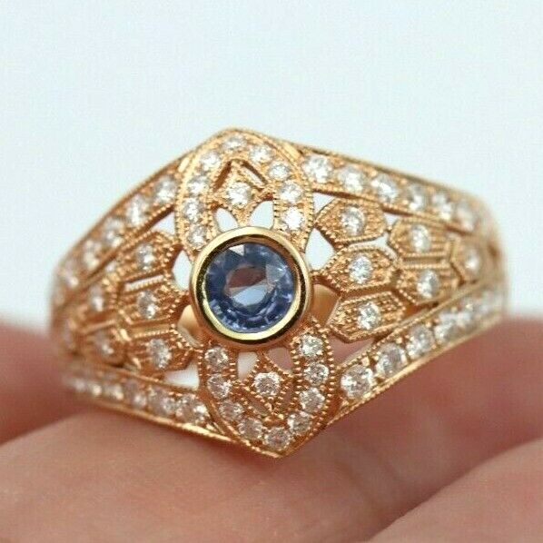 Kaedesigns New Genuine 18ct 750 Rose Gold Blue Sapphire Diamond Dress Ring