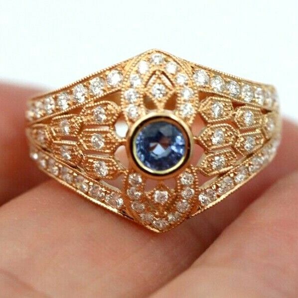 Kaedesigns New Genuine 18ct 750 Rose Gold Blue Sapphire Diamond Dress Ring