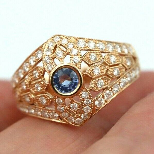 Kaedesigns New Genuine 18ct 750 Rose Gold Blue Sapphire Diamond Dress Ring
