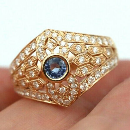 Kaedesigns New Genuine 18ct 750 Rose Gold Blue Sapphire Diamond Dress Ring