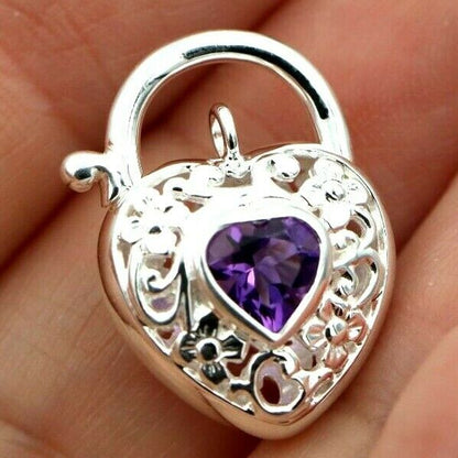Sterling Silver 925 Filigree Natural Amethyst Filigree Heart Padlock 15mm