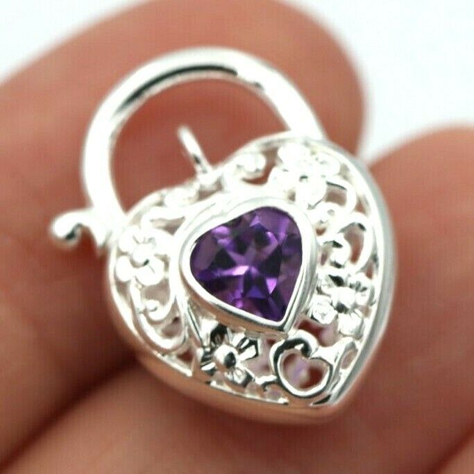 Sterling Silver 925 Filigree Natural Amethyst Filigree Heart Padlock 15mm