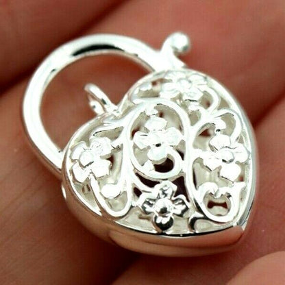 Sterling Silver 925 Filigree Natural Amethyst Filigree Heart Padlock 15mm