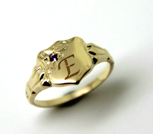 Genuine 9ct Small Yellow Gold Amethyst Shield Signet Ring + Engraving Of One Initial - Choose your size