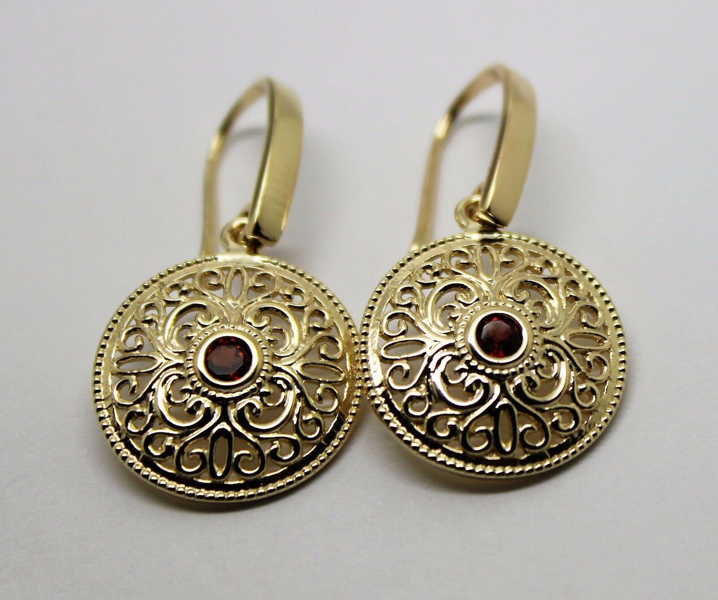 Kaedesigns 9ct Solid Yellow, Rose or White Gold Antique Red Garnet Filigree Drop Earrings