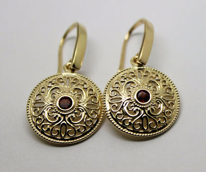 Kaedesigns 9ct Solid Yellow, Rose or White Gold Antique Red Garnet Filigree Drop Earrings