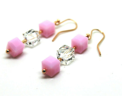Genuine 9ct 9k 375 Rose Gold 8mm Rose Drop Pink & Crystal Earrings