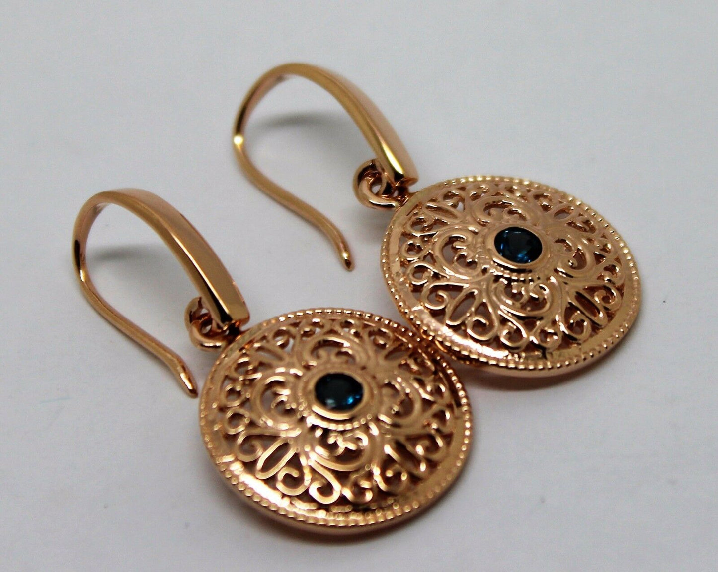Genuine 9ct Solid Yellow, Rose or White Gold Round London Blue Topaz Filigree Earrings
