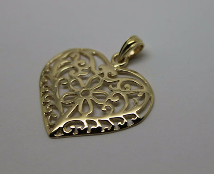 Kaedesigns Genuine 9ct 9k 375 Large Yellow, Rose or White Gold Filigree Flower Heart Pendant