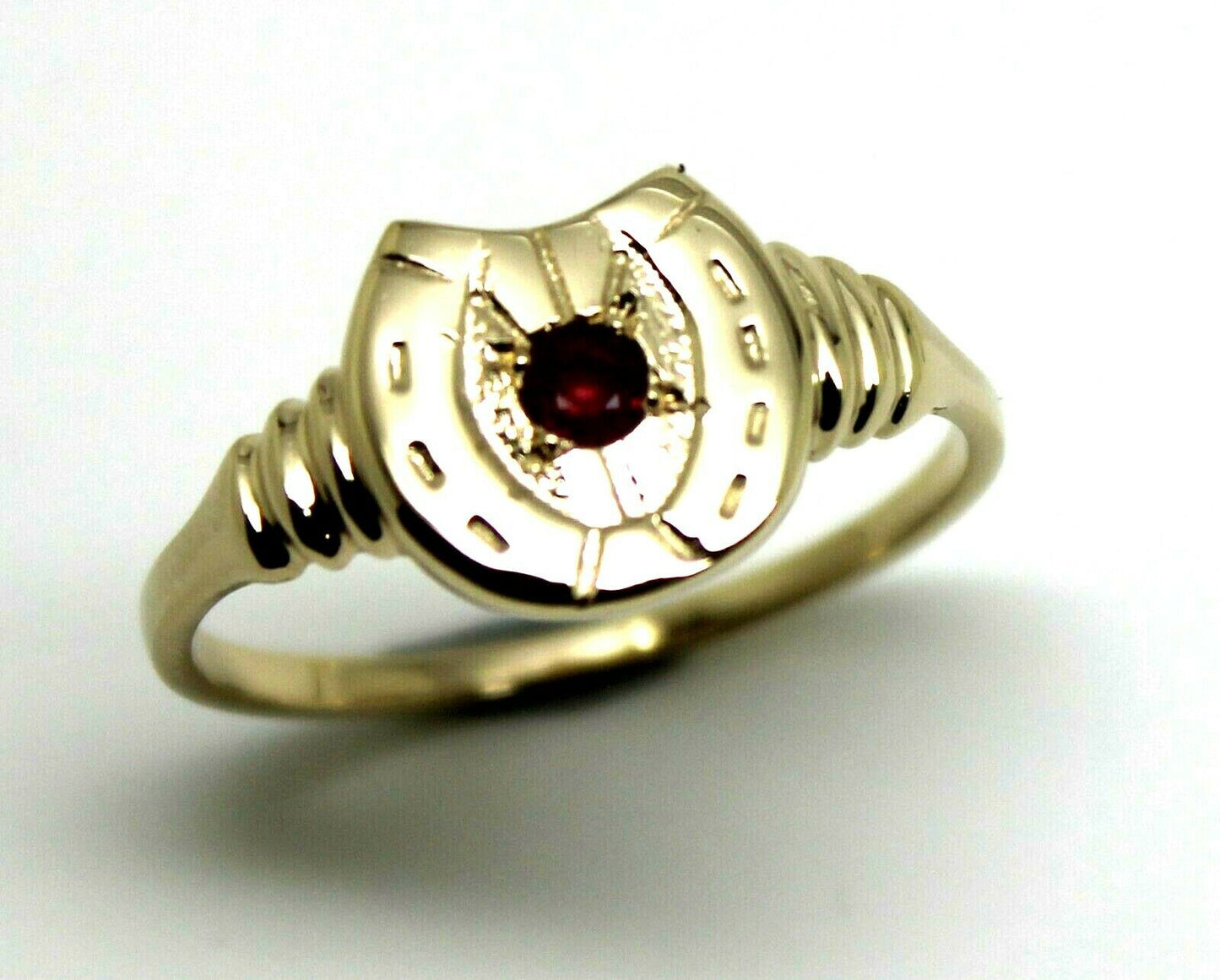 Size N 1/2,  Large 9ct 9k Genuine Yellow, Rose or White Gold 3mm Ruby Lucky Horse Shoe Ring