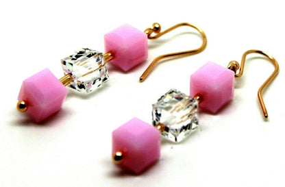 Genuine 9ct 9k 375 Rose Gold 8mm Rose Drop Pink & Crystal Earrings