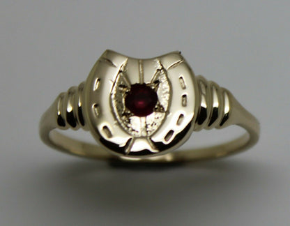 Size N 1/2,  Large 9ct 9k Genuine Yellow, Rose or White Gold 3mm Ruby Lucky Horse Shoe Ring