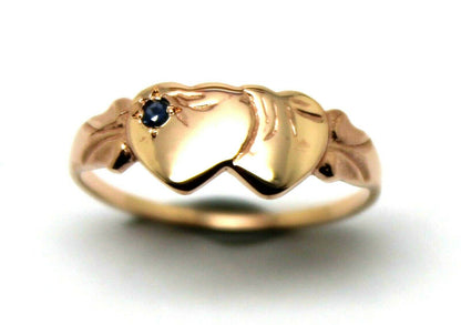 Genuine 9k 9ct Yellow, Rose & White Gold Aust Blue Sapphire Double Heart Signet Ring - Choose your size