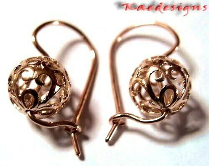 Genuine Solid 9ct 9k 375 Yellow, Rose or White Gold 10mm Euro Ball Drop Filigree Flower Earrings