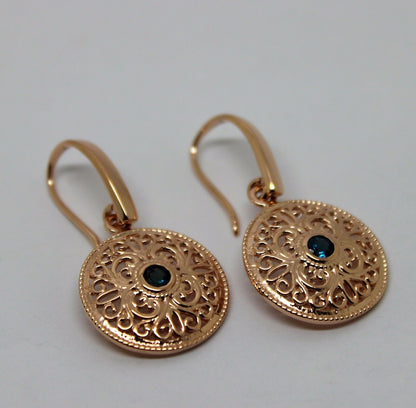Genuine 9ct Solid Yellow, Rose or White Gold Round London Blue Topaz Filigree Earrings