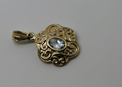 Genuine 9ct 9k Yellow Gold Antique Aquamarine Filigree Pendant