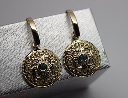 Genuine 9ct Solid Yellow, Rose or White Gold Blue Topaz Filigree Round Drop Earrings
