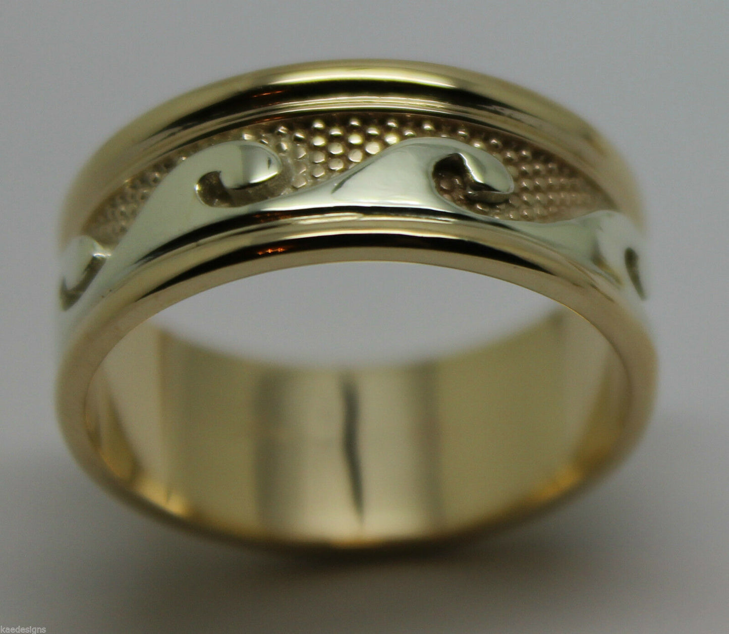 Solid Genuine 9ct 9kt Yellow And White Gold Mens Surf Wave Ring - Choose your ring size