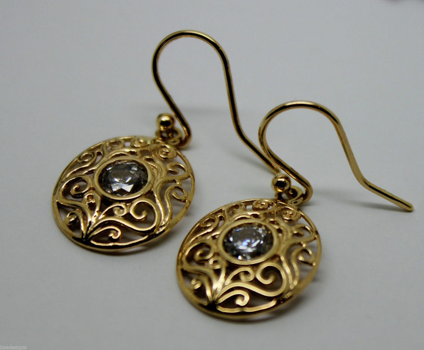 Genuine 9ct Solid Yellow Gold Stone Set Filigree Oval Hooks Earrings