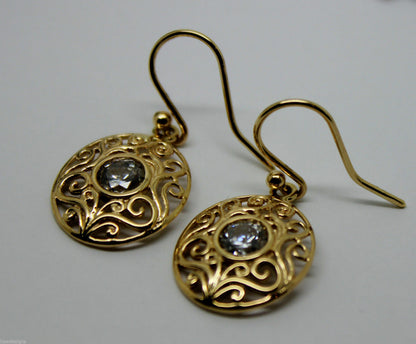 Genuine 9ct Solid Yellow Gold Stone Set Filigree Oval Hooks Earrings